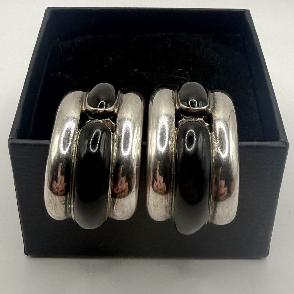 Vintage Givenchy Sculptural Interlocking Black Enamel Silver Tone Clip Earrings